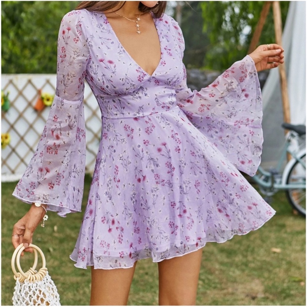 Boho Floral Print Bell Sheer Sleeve Dress XS S M L XL XXL